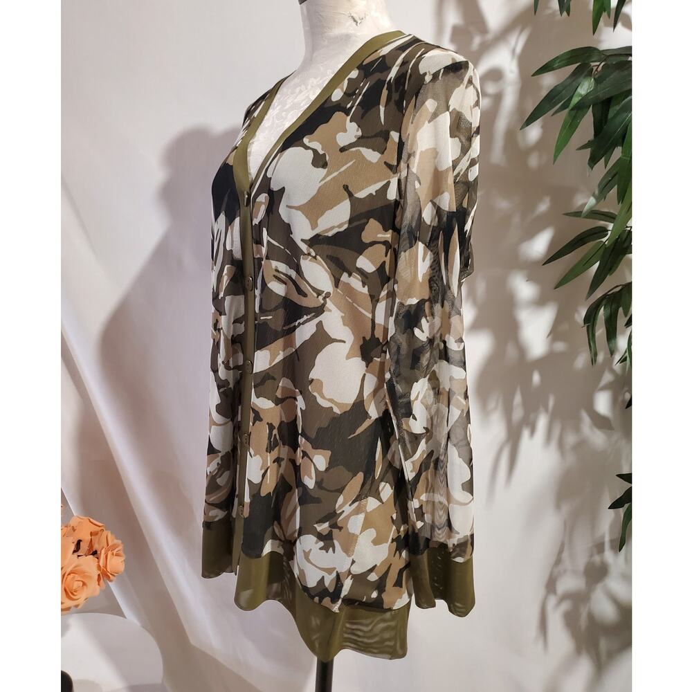 Chicos Floral Camo Mesh Button Cardigan Size 2 US L Olive Green Layer Topper - Picture 2 of 10